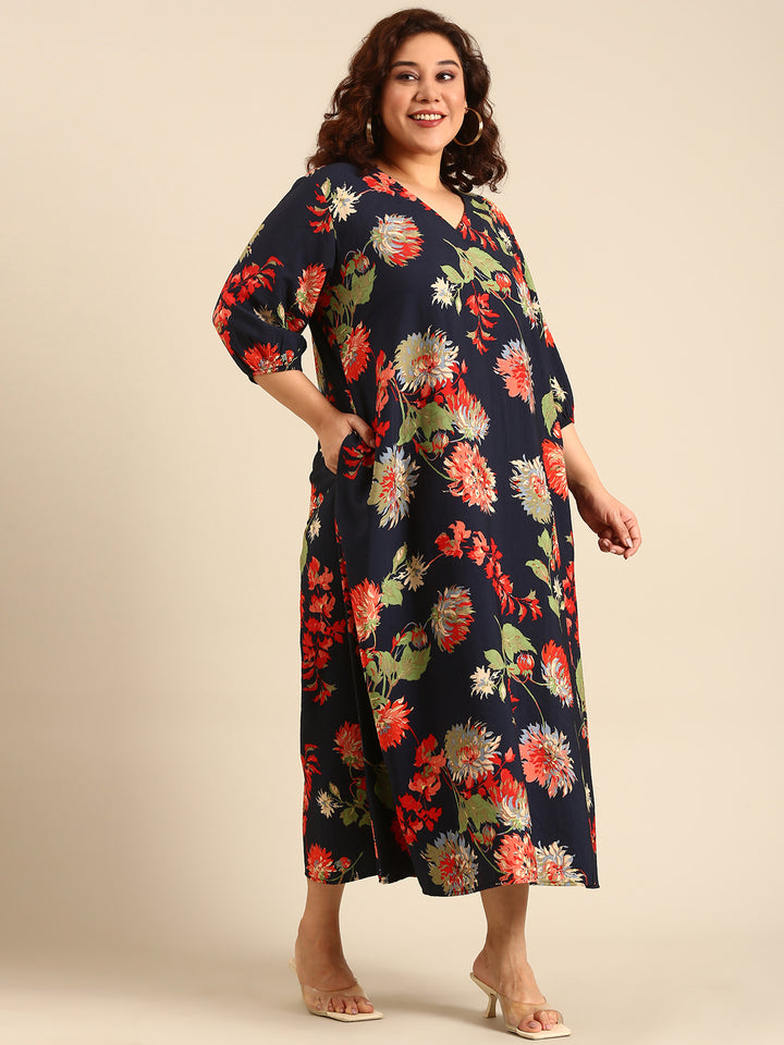 Navy Cambric Printed Dress