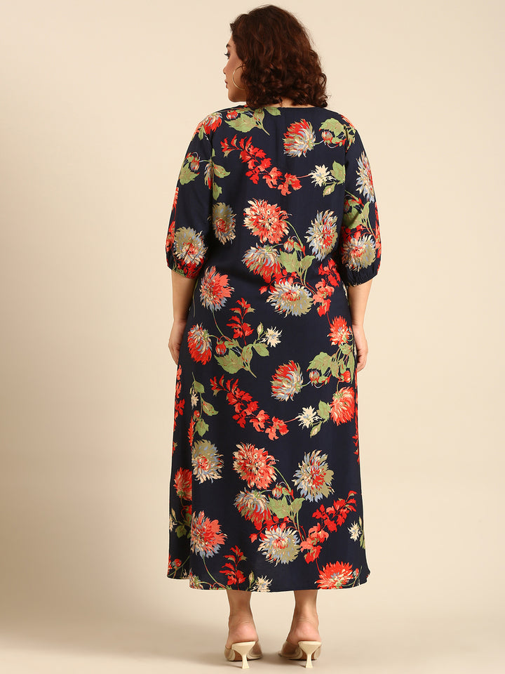 Navy Cambric Printed Dress