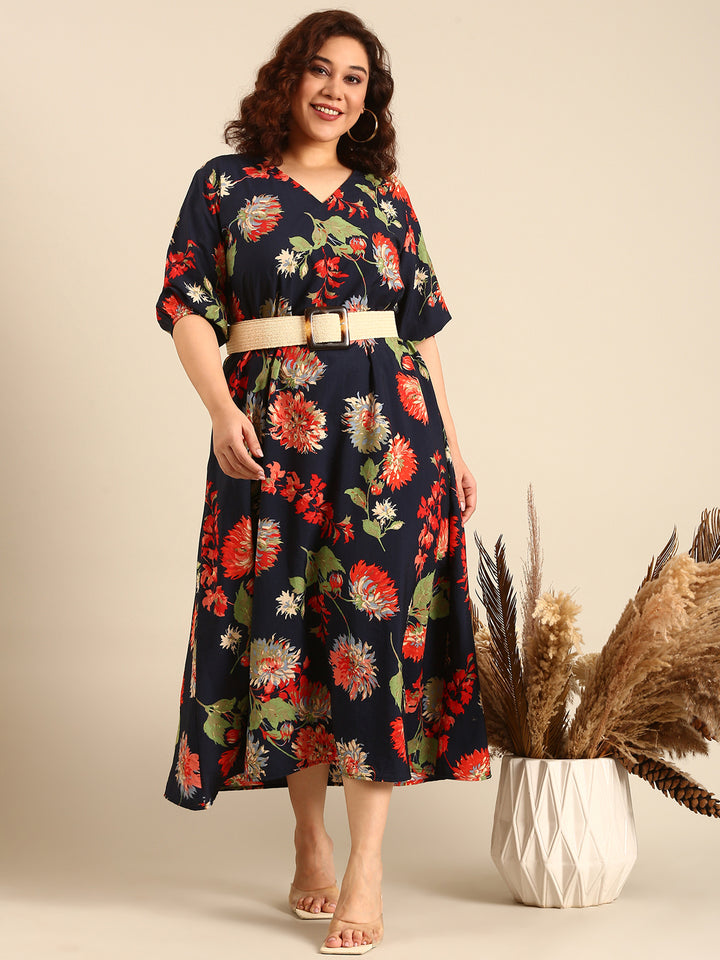 Navy Cambric Printed Dress