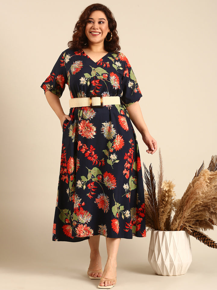 Navy Cambric Printed Dress