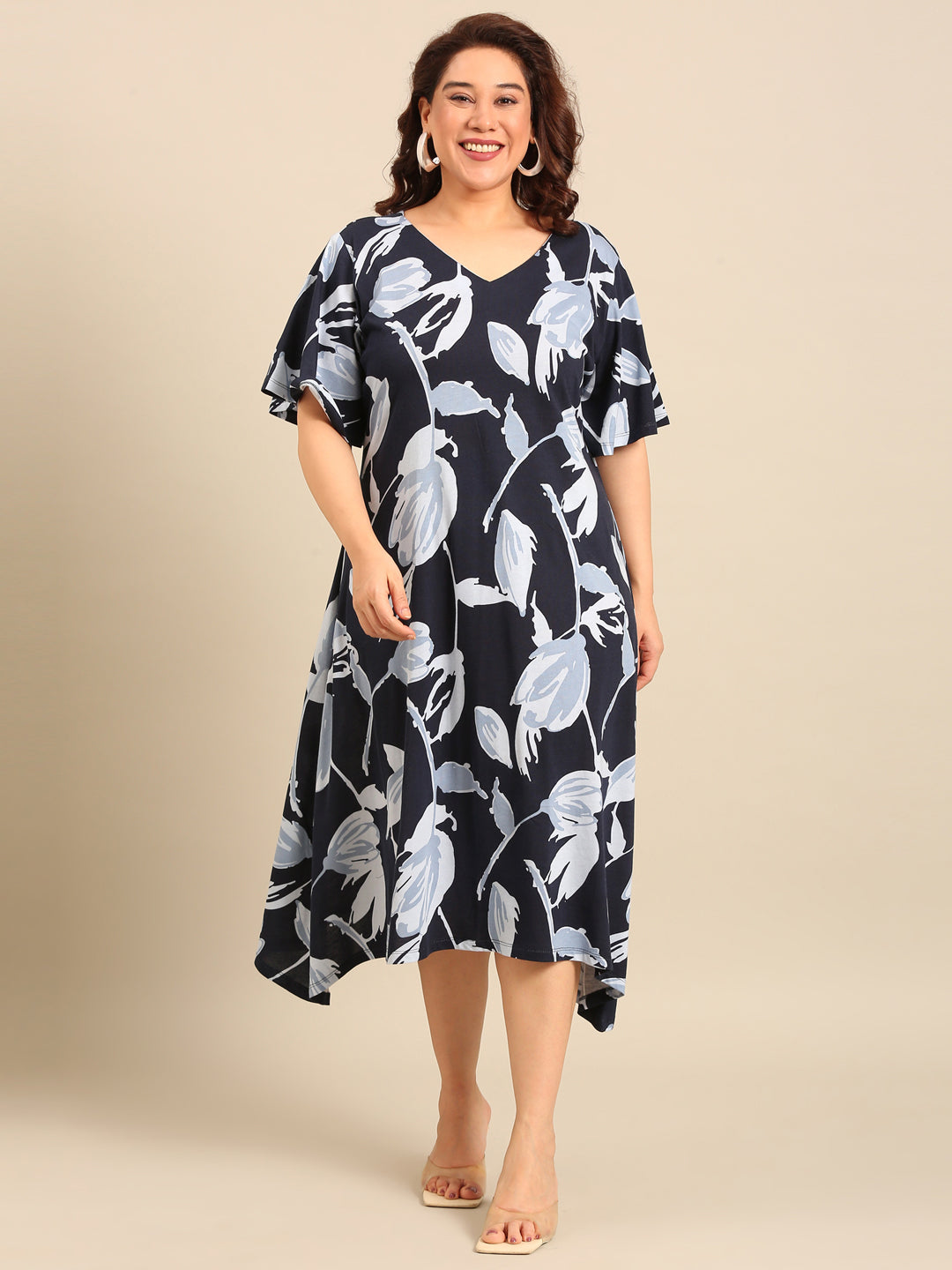 Navy Blue Printed A-Line Dress
