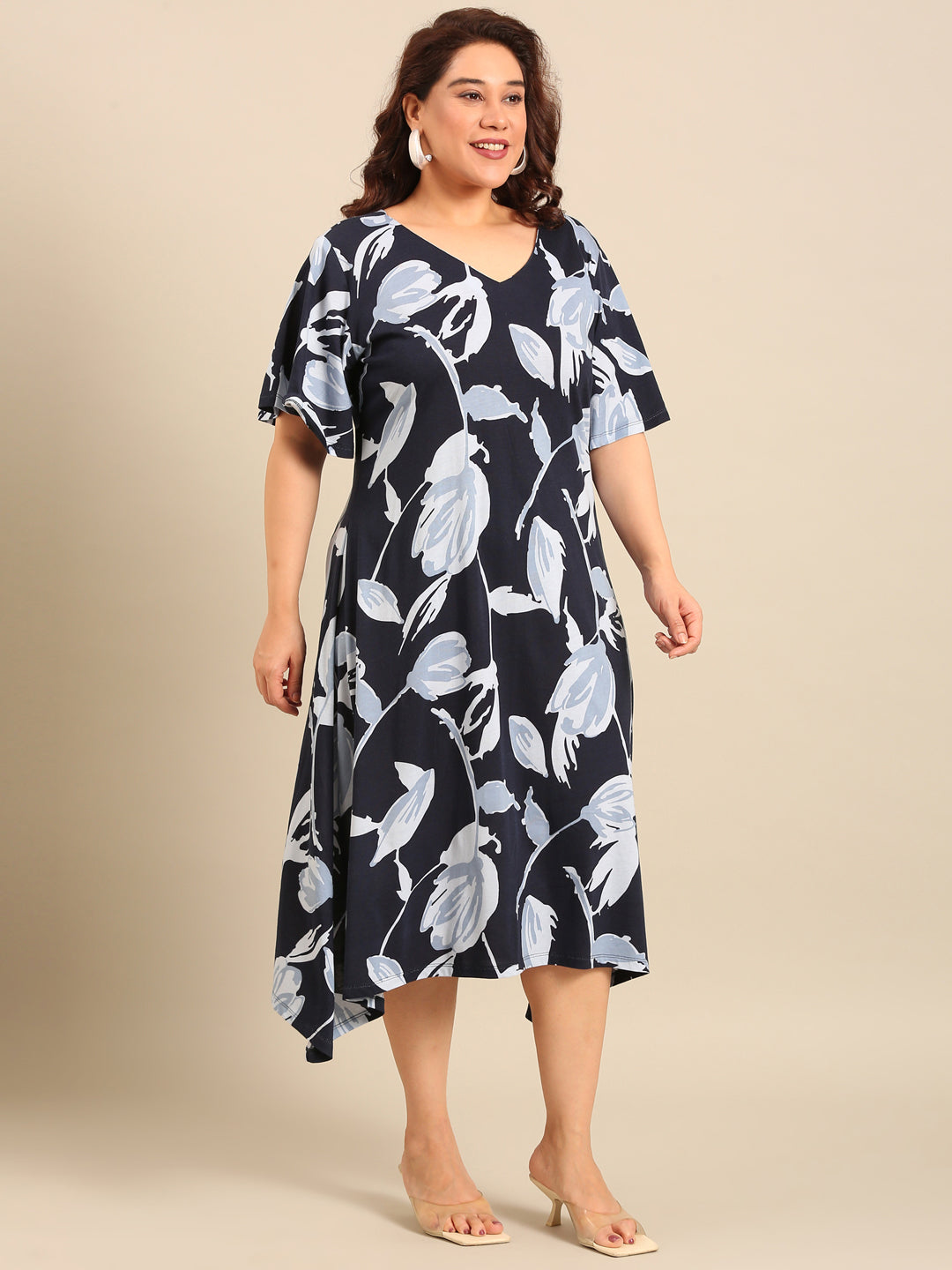 Navy Blue Printed A-Line Dress