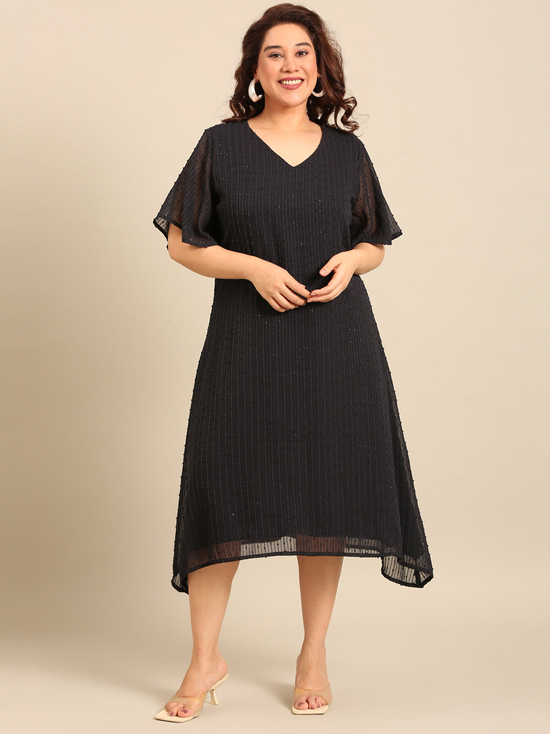 Navy Embroidered A-Line Dress