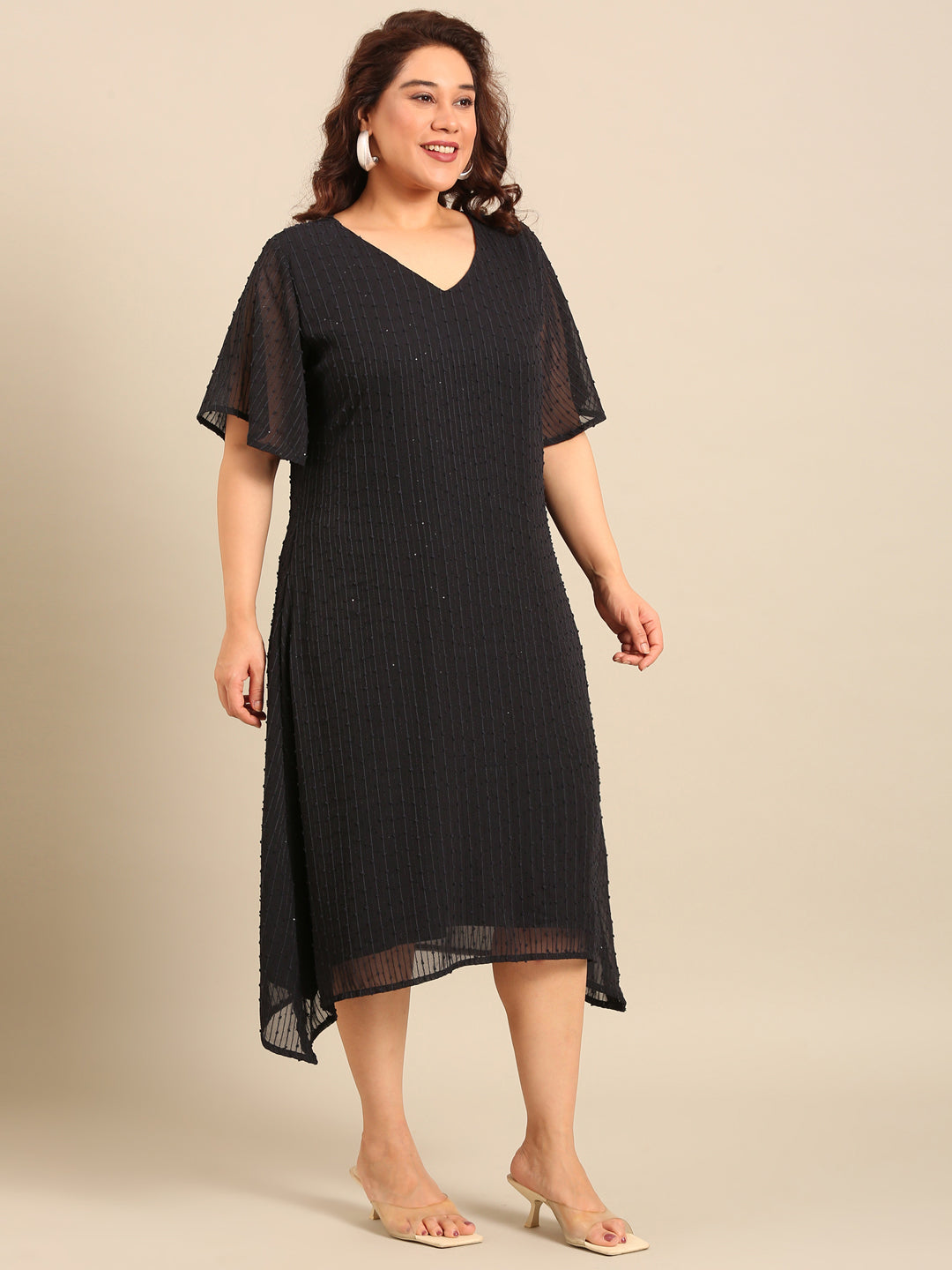 Navy Embroidered A-Line Dress