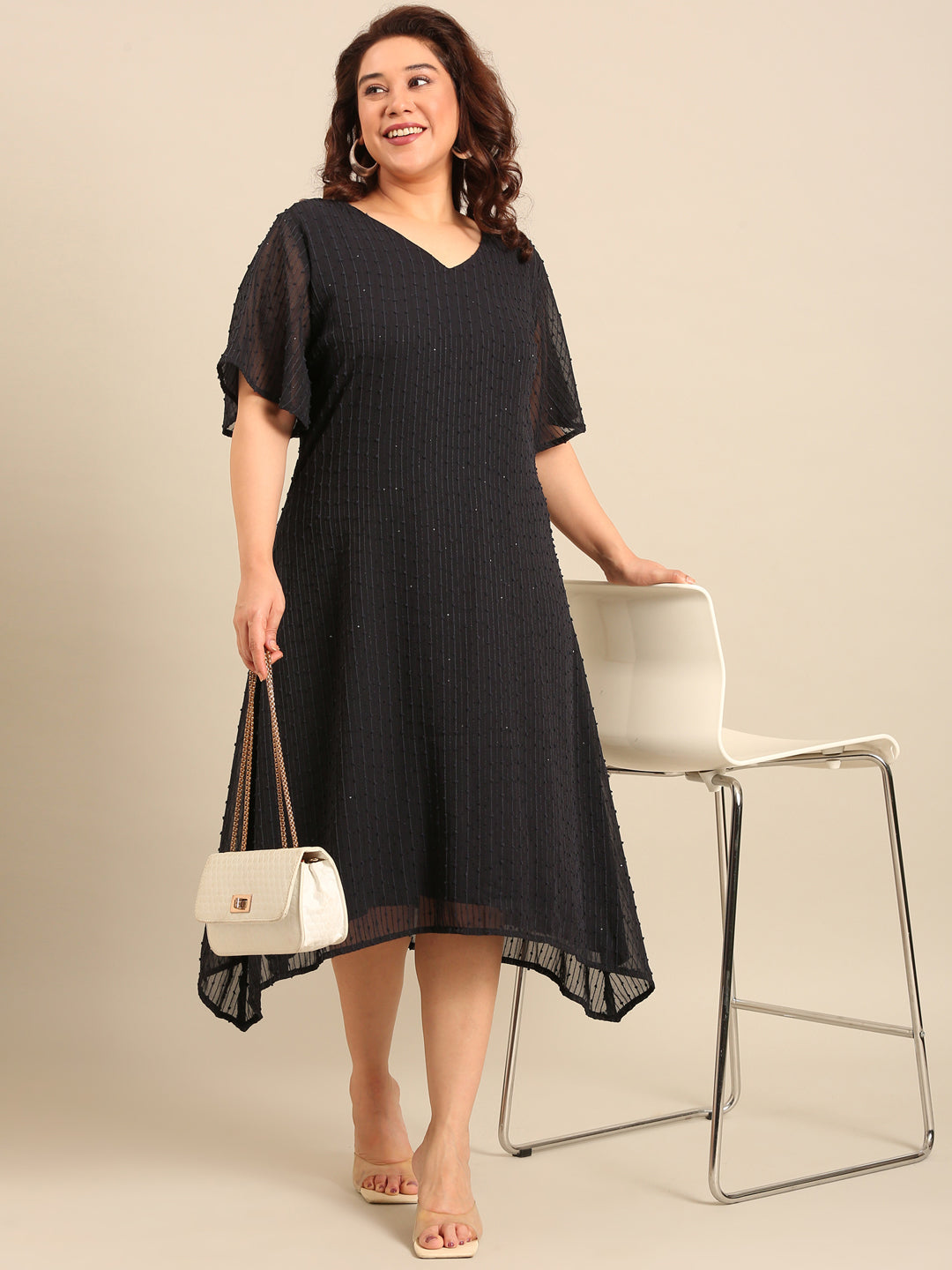 Navy Embroidered A-Line Dress