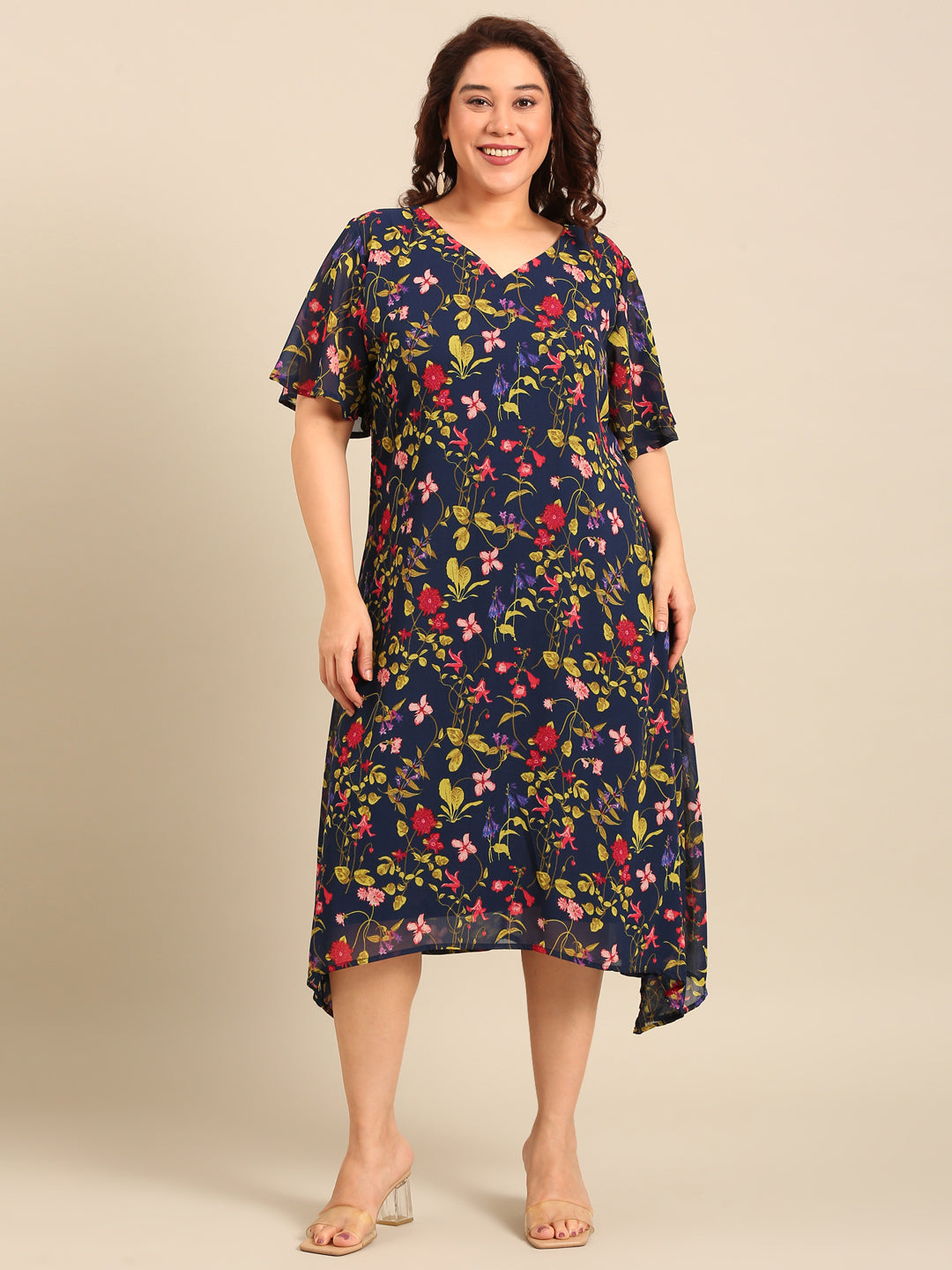 Navy Floral Print A-Line Dress