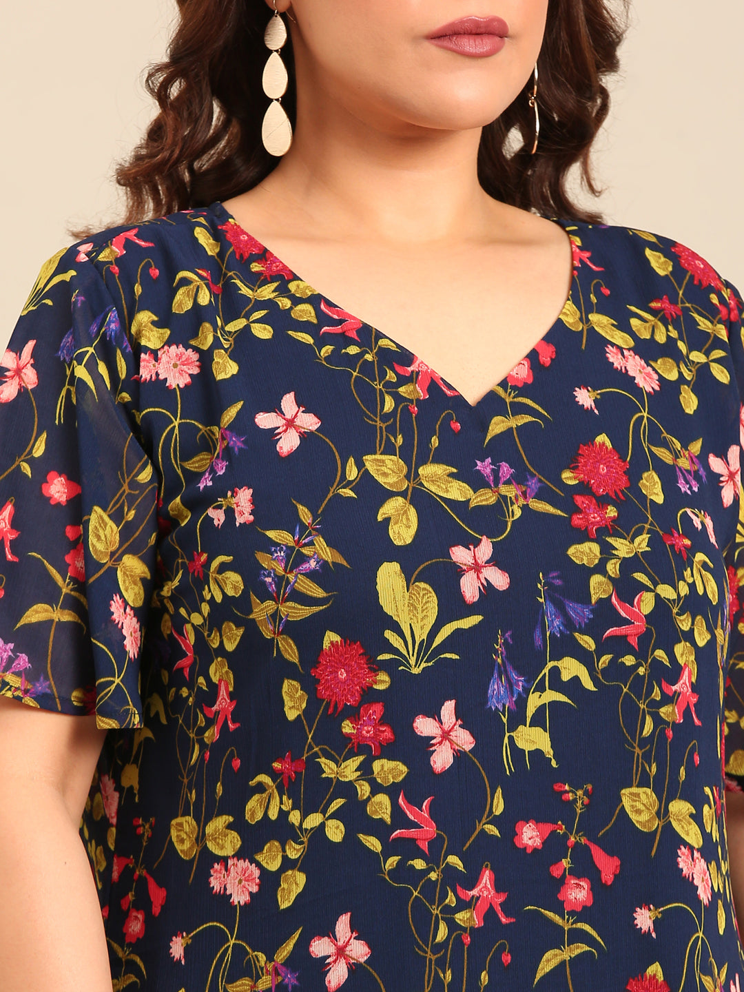 Navy Floral Print A-Line Dress