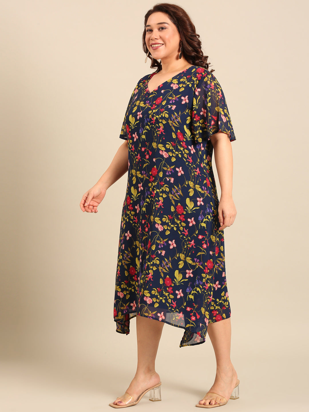 Navy Floral Print A-Line Dress