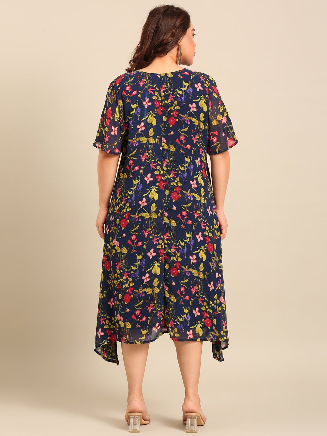 Navy Floral Print A-Line Dress