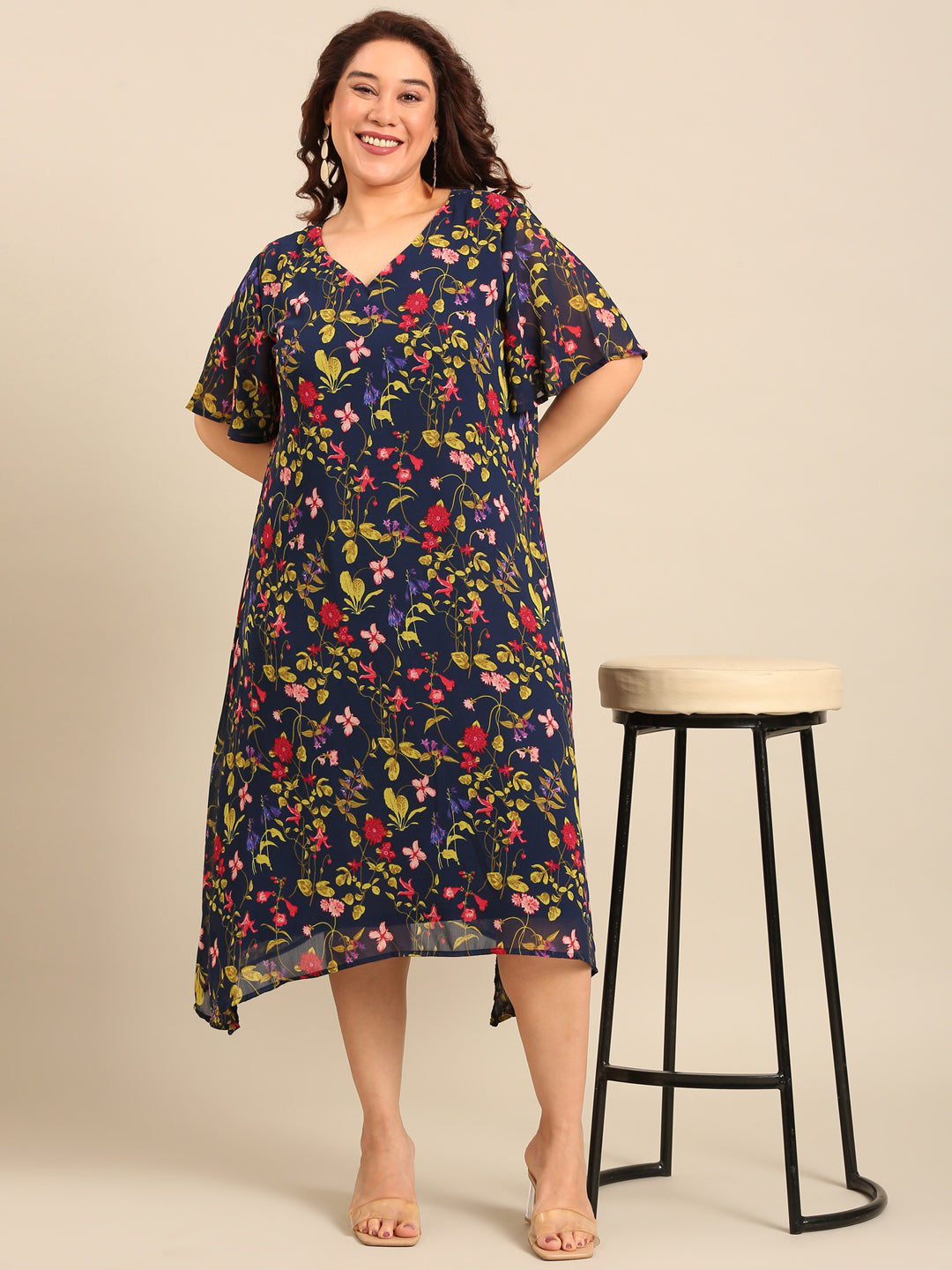 Navy Floral Print A-Line Dress