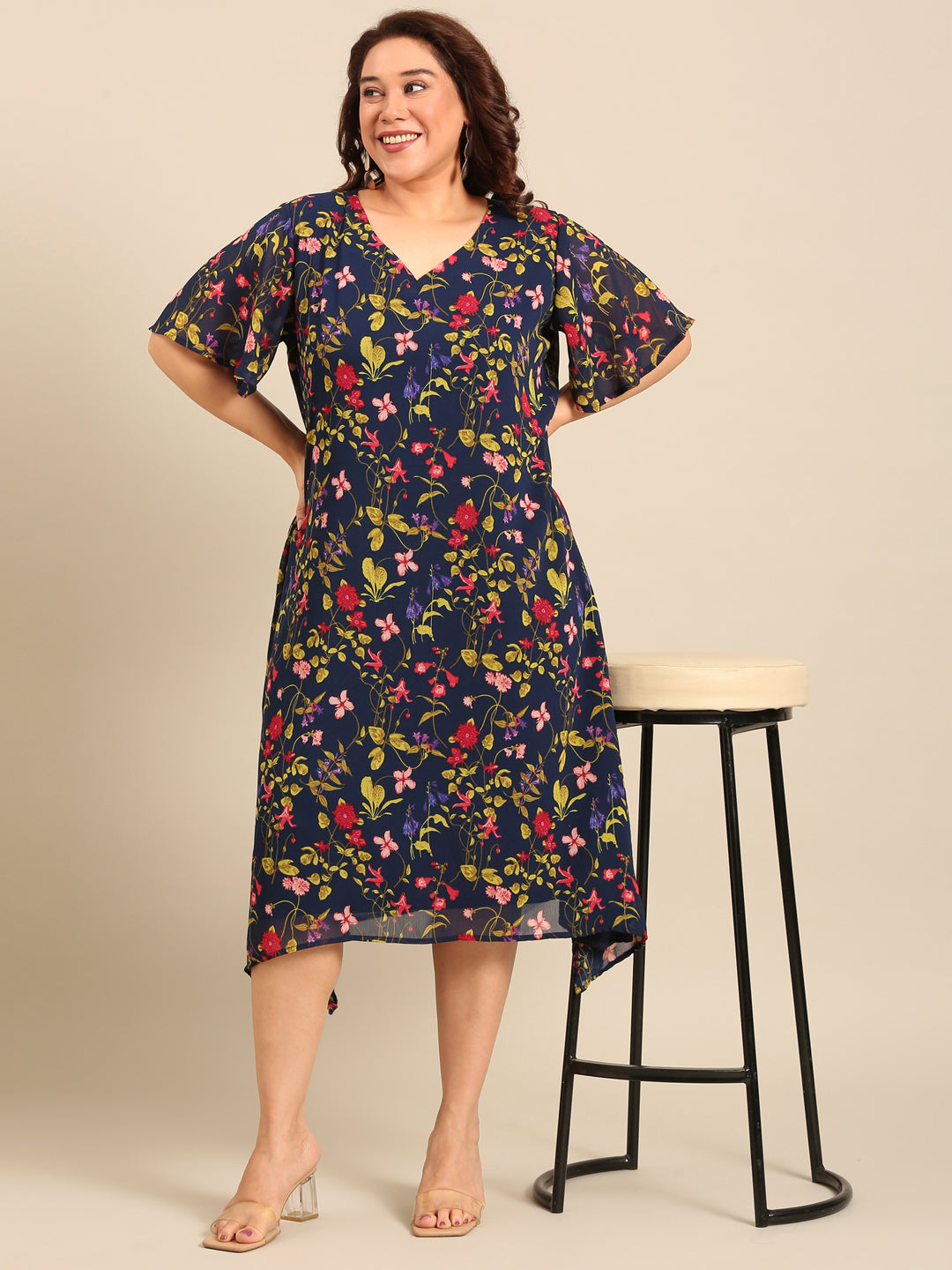 Navy Floral Print A-Line Dress