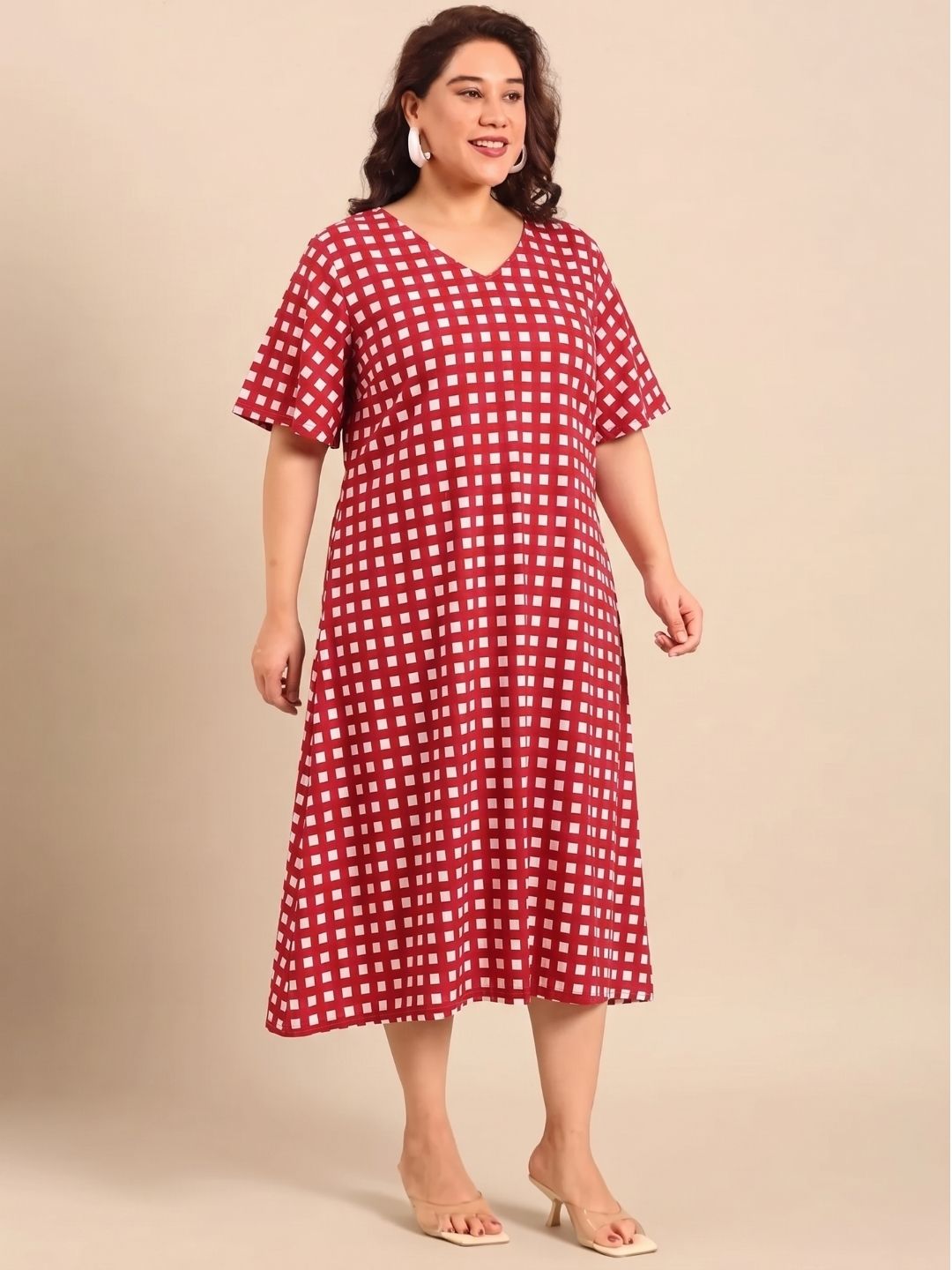 Red Cotton Checked A-Line Dress