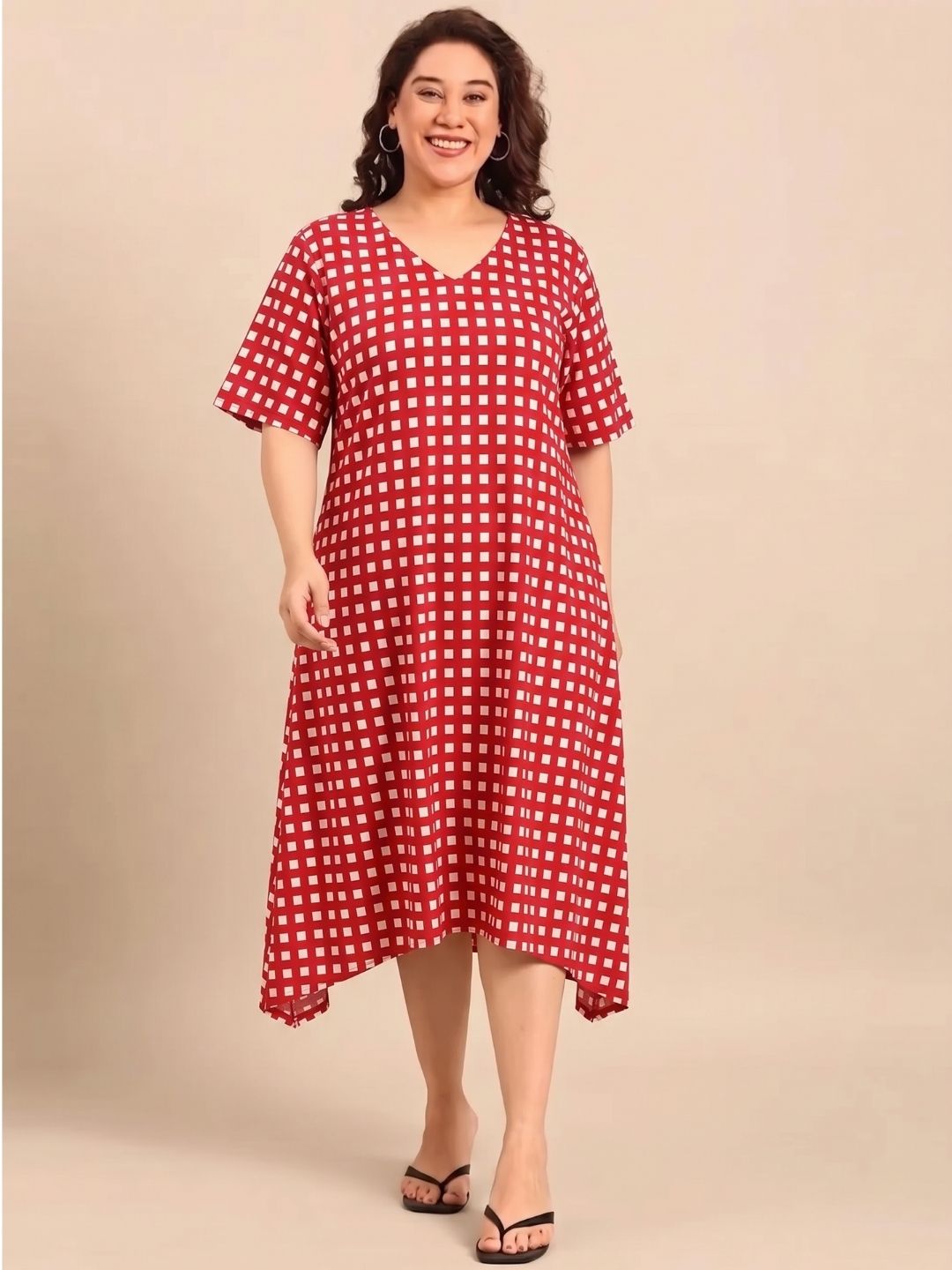 Red Cotton Checked A-Line Dress