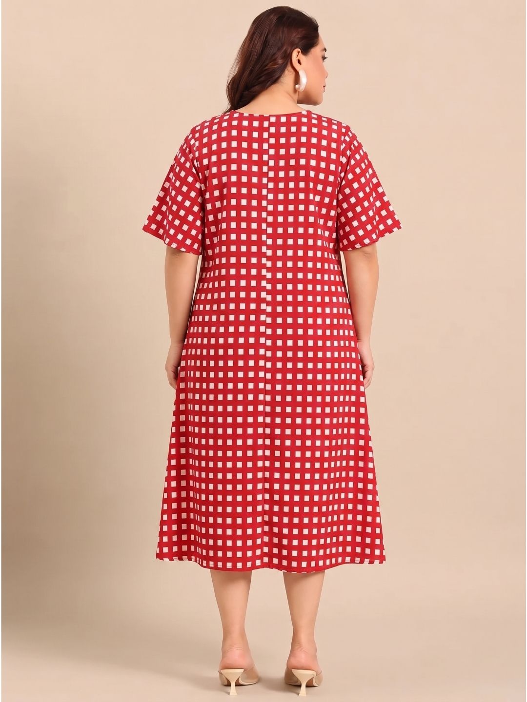 Red Cotton Checked A-Line Dress