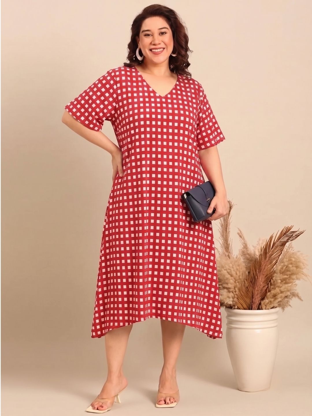 Red Cotton Checked A-Line Dress
