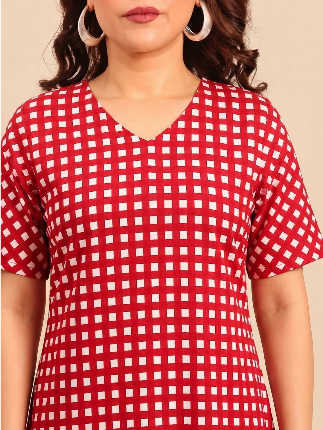 Red Cotton Checked A-Line Dress