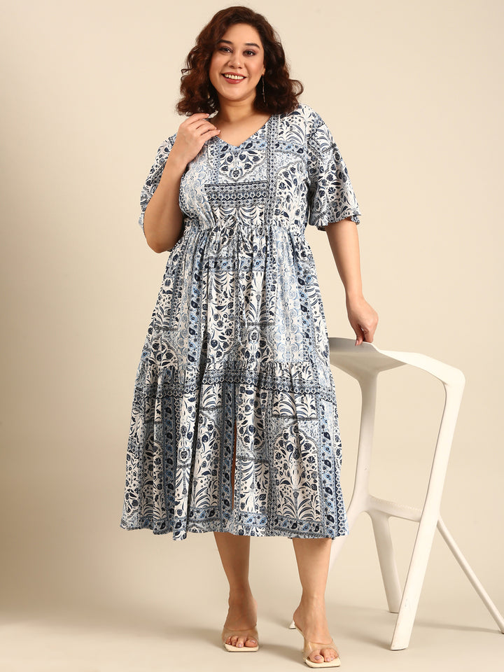 Blue Viscose Printed Dress