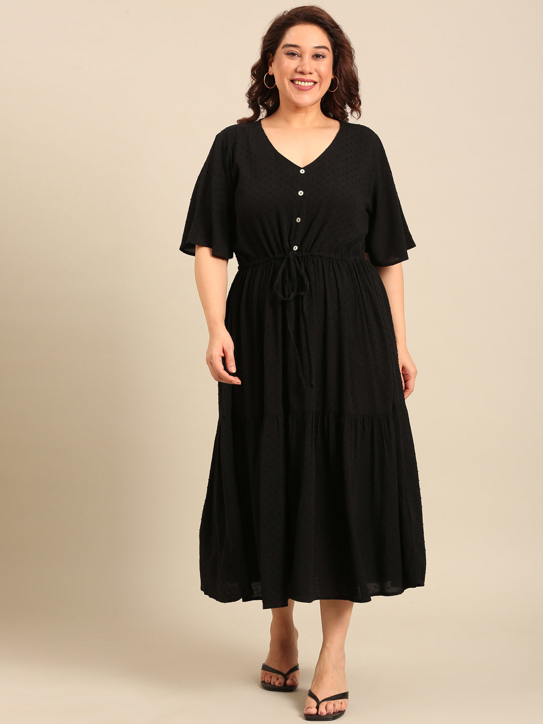Black Dobby Dress With Waist Tie