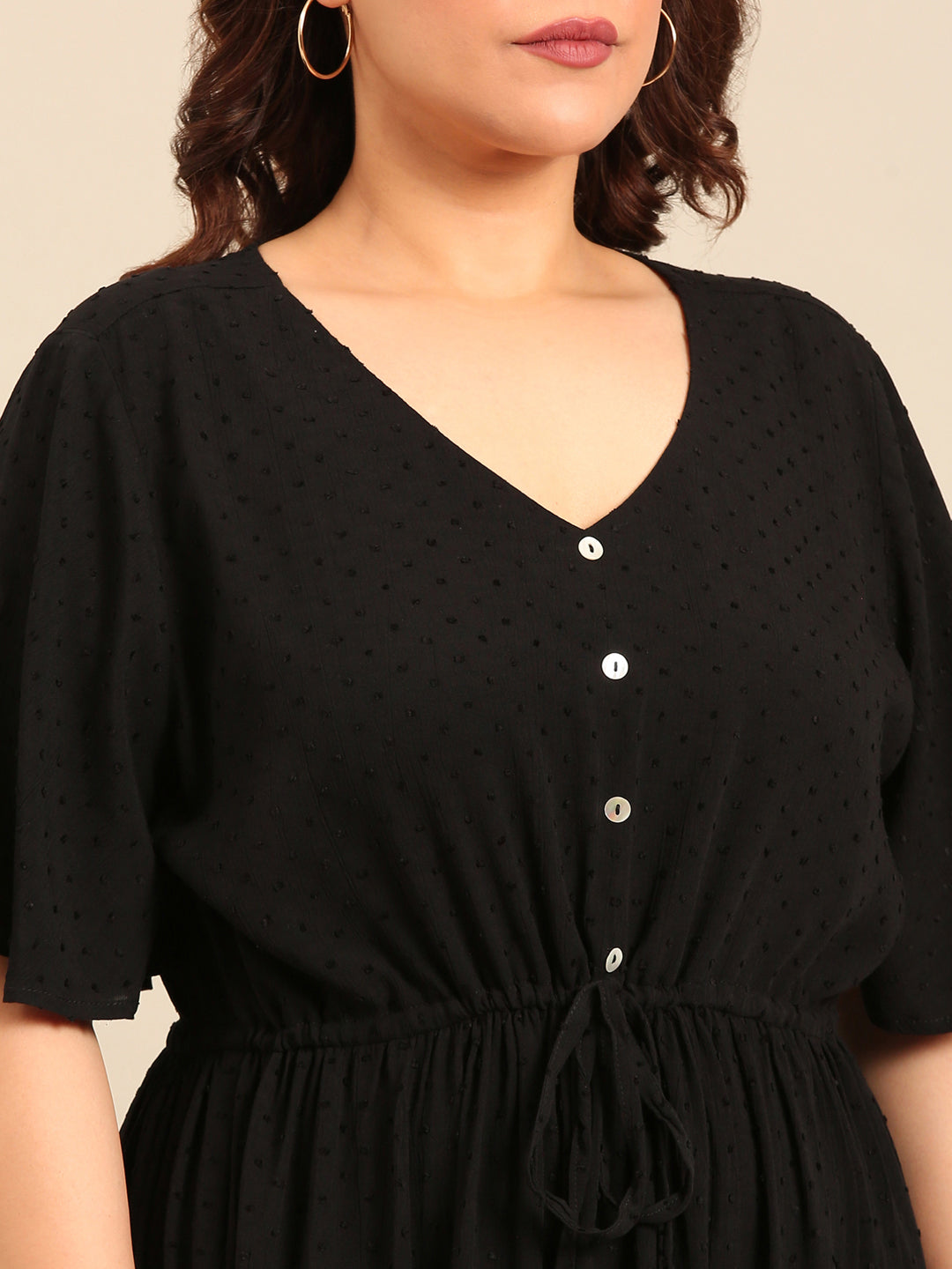 Black Dobby Dress With Waist Tie