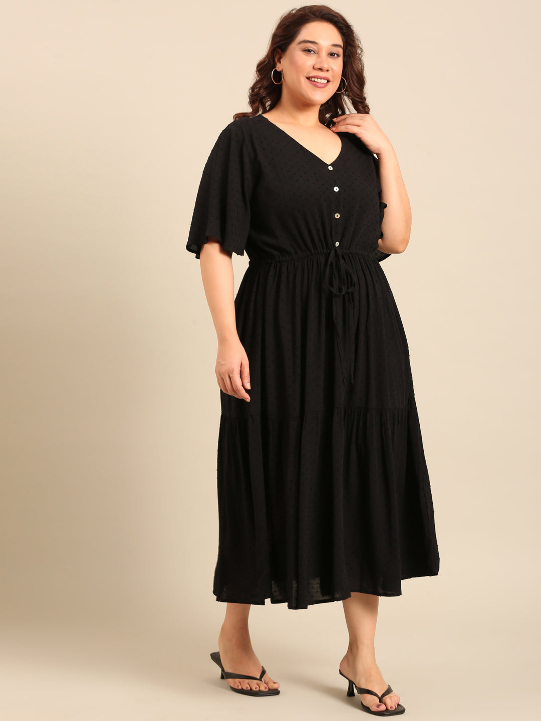 Black Dobby Dress With Waist Tie
