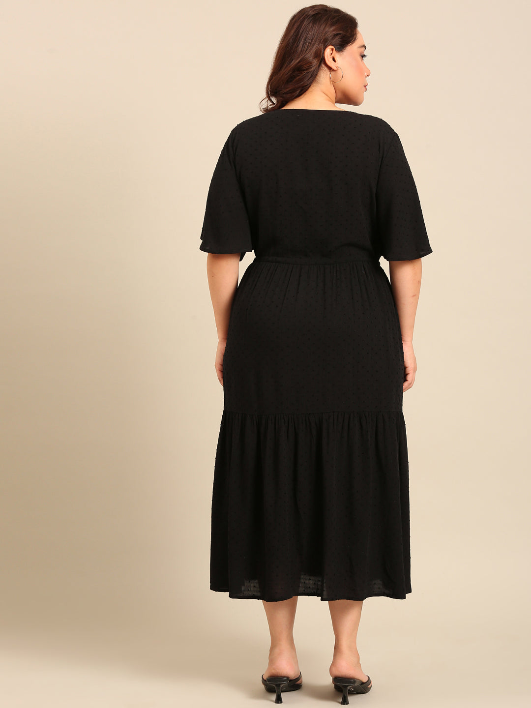 Black Dobby Dress With Waist Tie