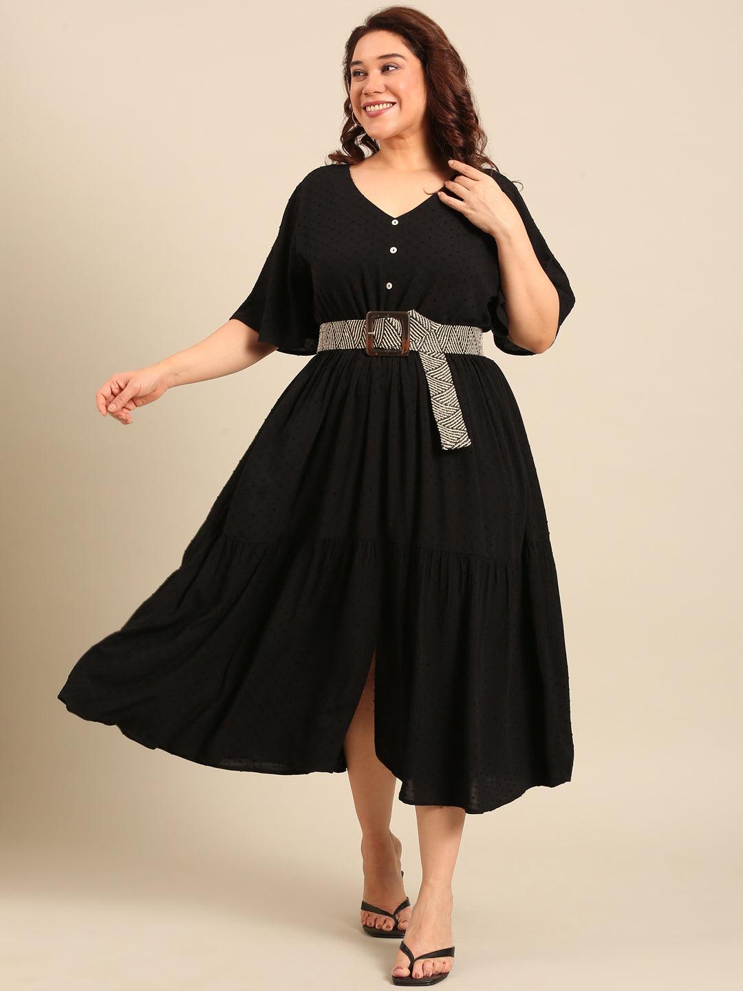 Black Dobby Dress With Waist Tie