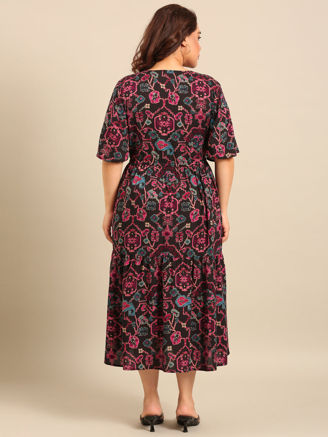 Black Ikkat Print Dress with Waist Tie