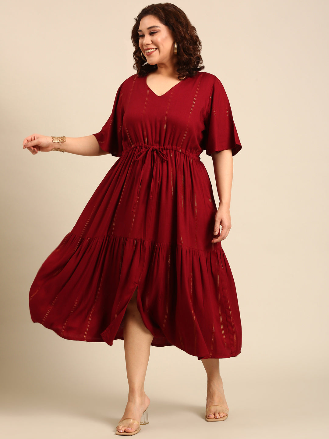 Maroon Lurex Maxi Dress with Waist Tie