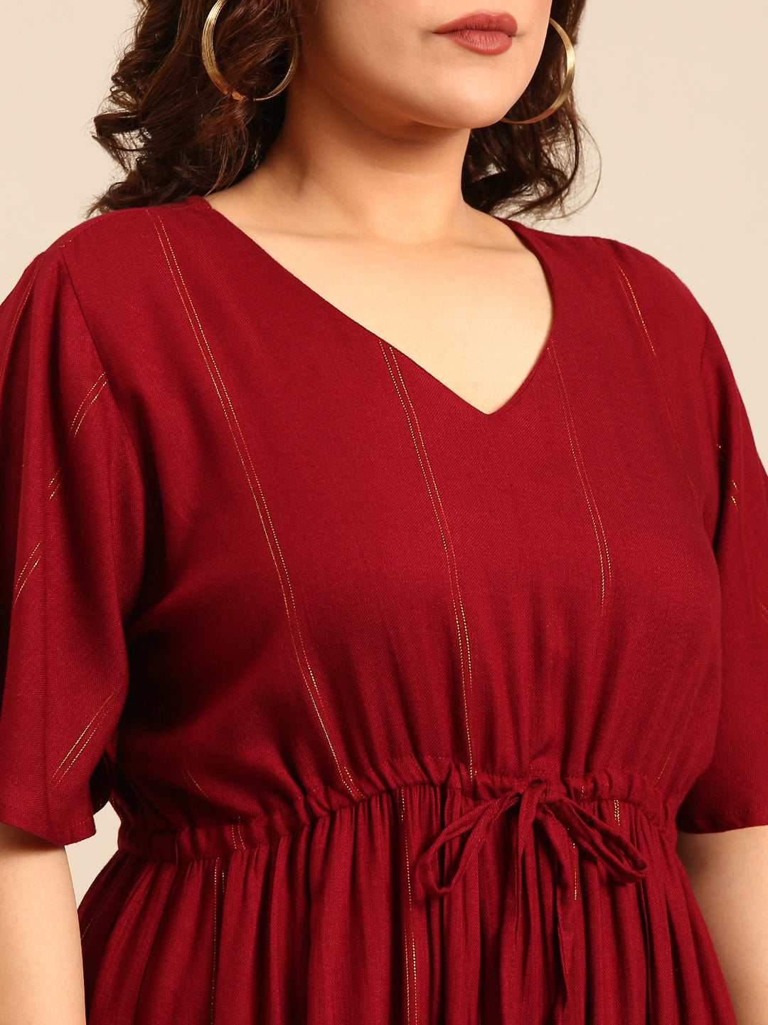 Maroon Lurex Maxi Dress with Waist Tie