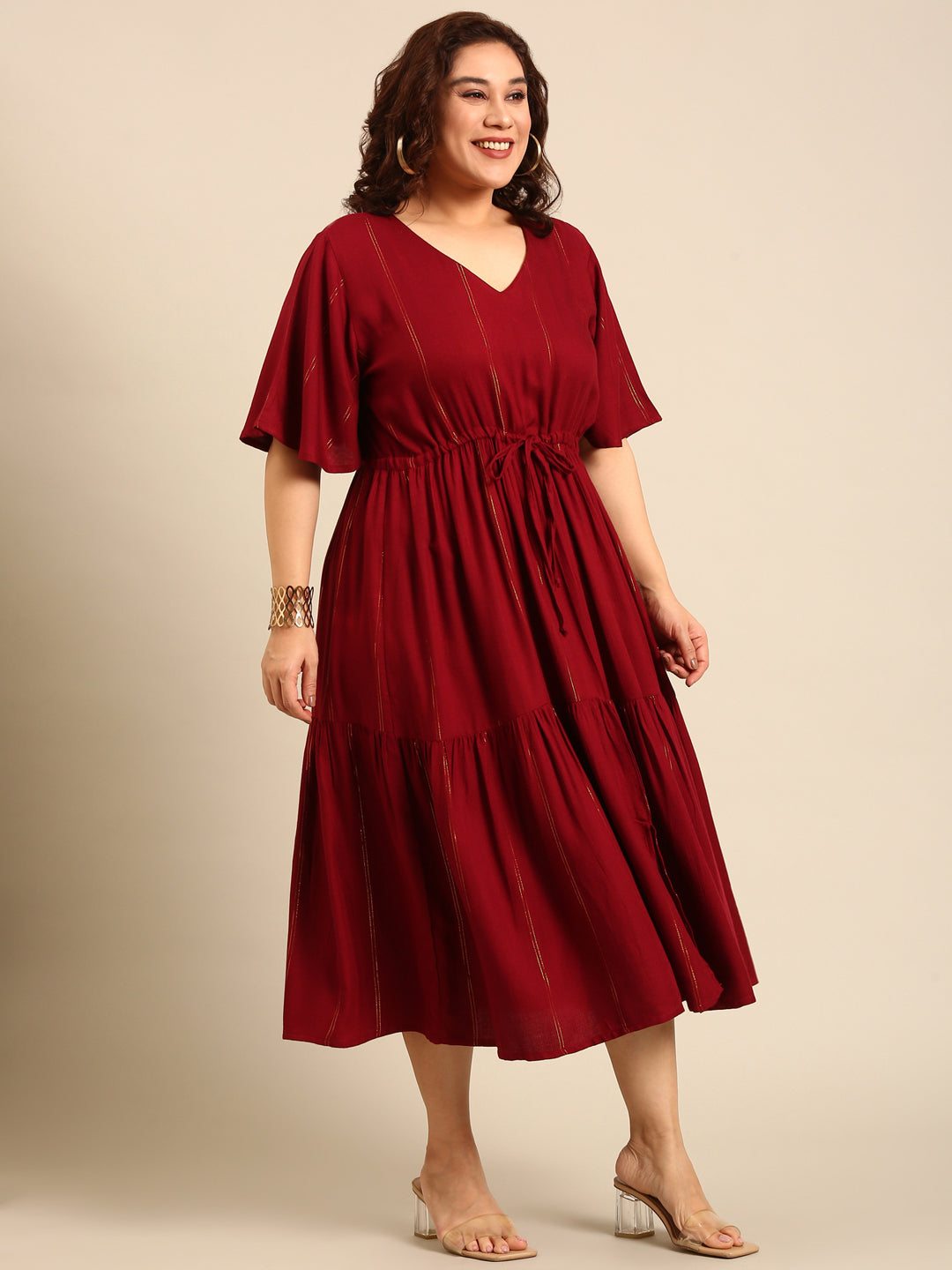Maroon Lurex Maxi Dress with Waist Tie