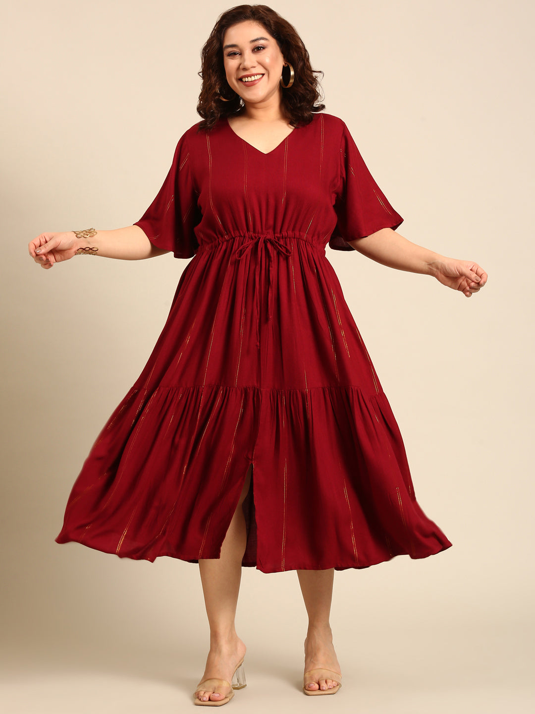 Maroon Lurex Maxi Dress with Waist Tie