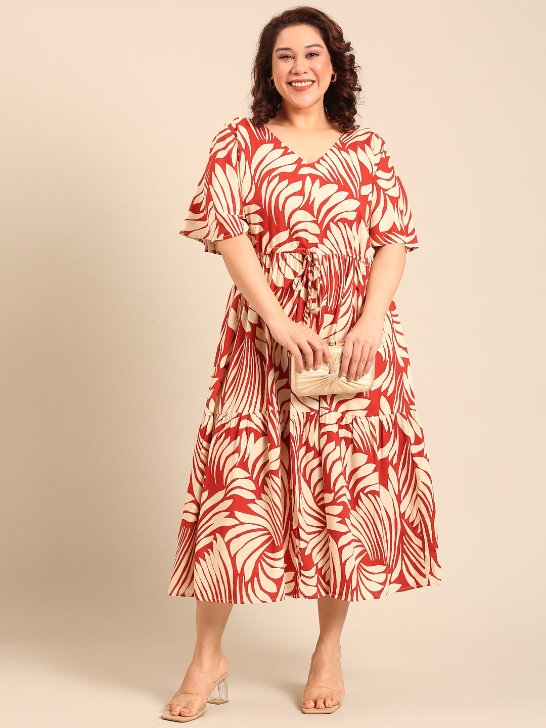 Rust Leaf Print Midi Dress with Waist Tie