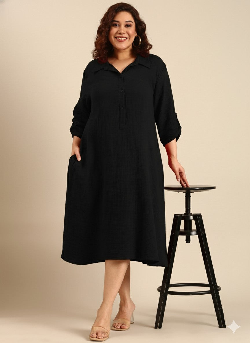 Black Cotton A-Line Dress