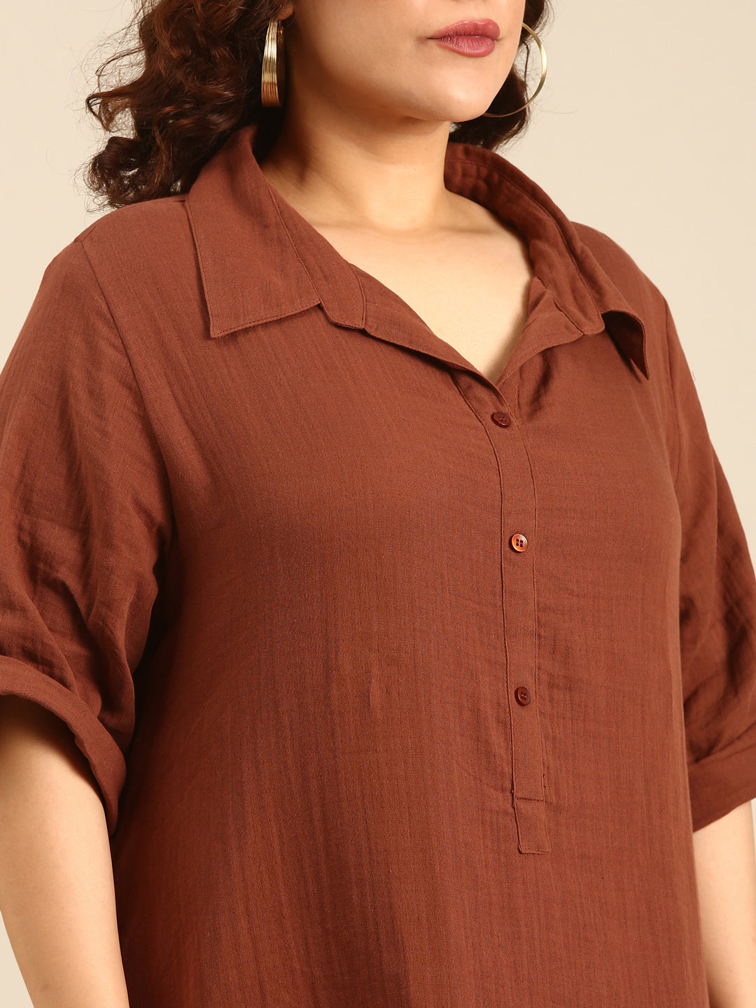 Brown Cotton A-Line Dress