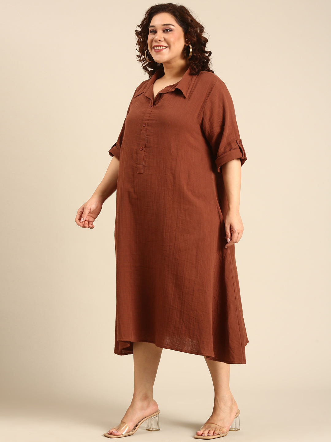 Brown Cotton A-Line Dress