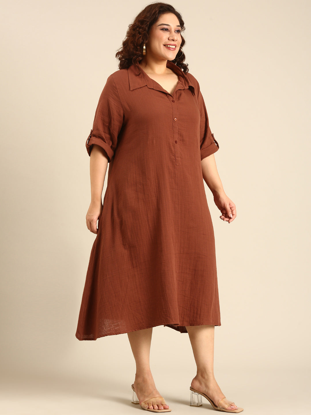 Brown Cotton A-Line Dress