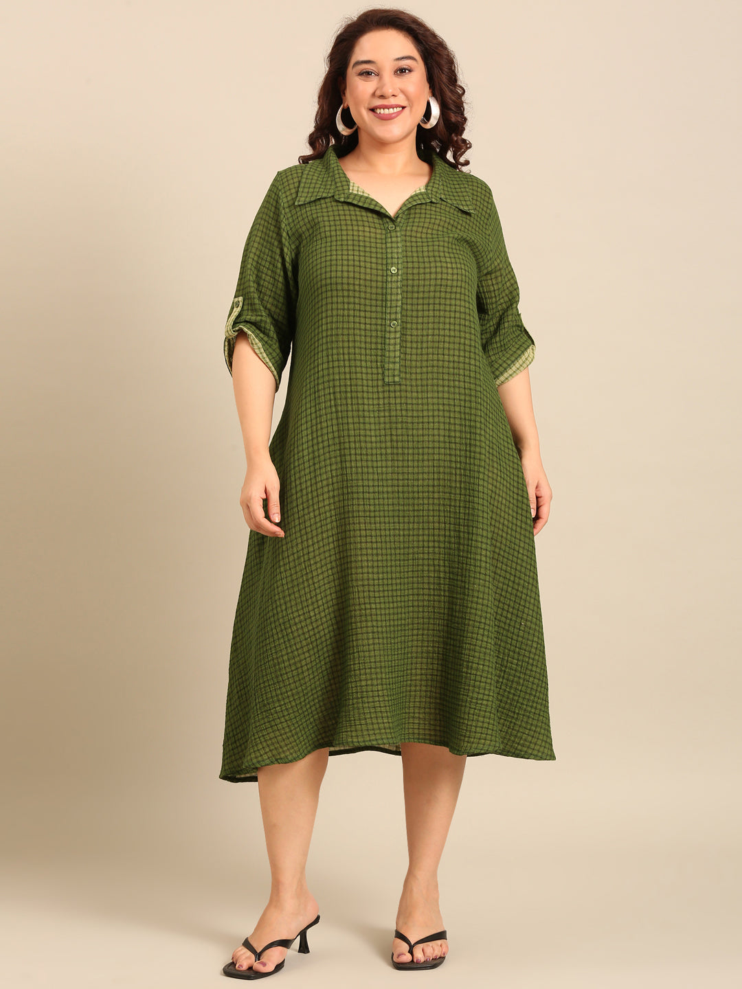 Green Check Cotton A-Line Shirt Dress