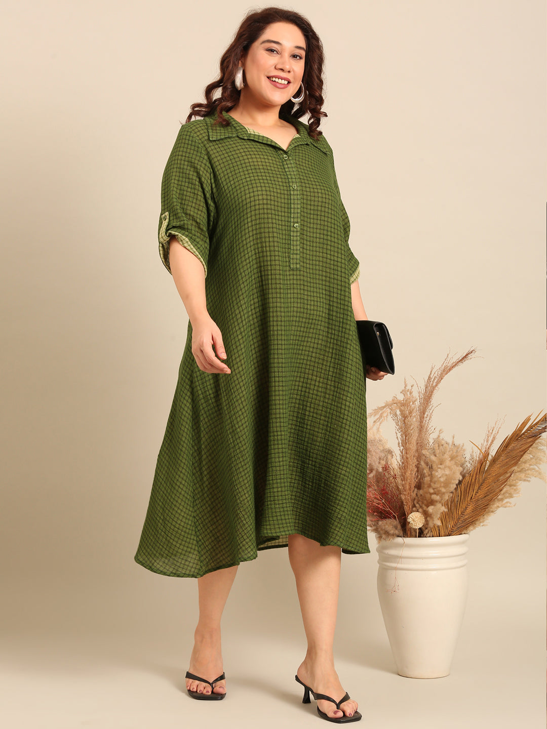 Green Check Cotton A-Line Shirt Dress