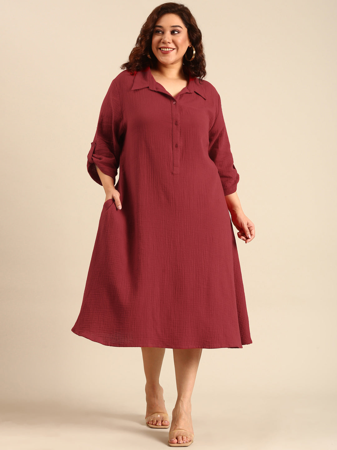 Red Cotton A-Line Shirt Dress