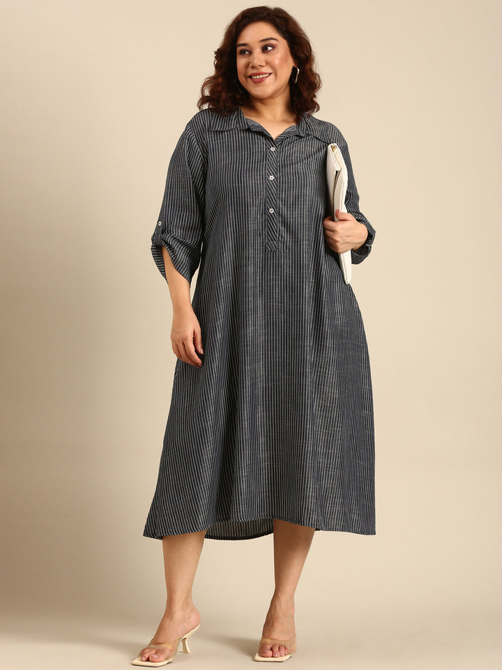 Tencel Striped A-Line Shirt Dress