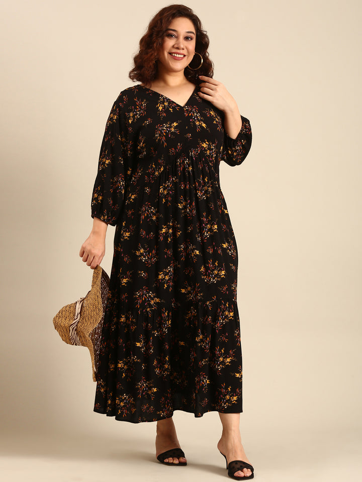 Black Floral Crepe Dress