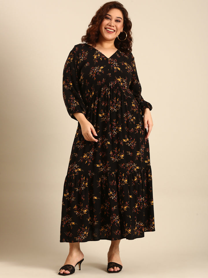 Black Floral Crepe Dress