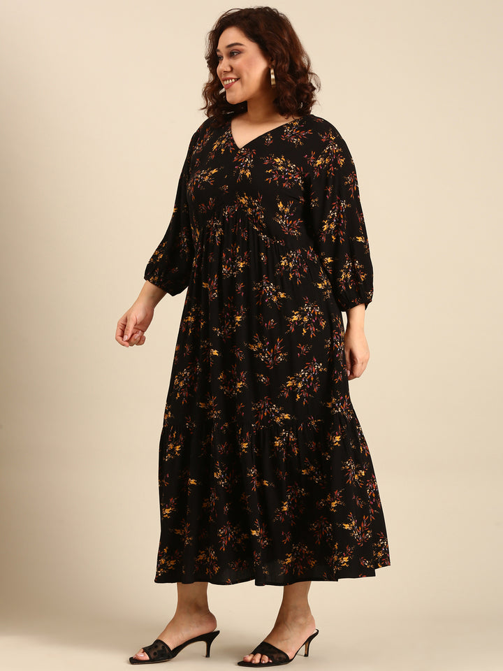 Black Floral Crepe Dress