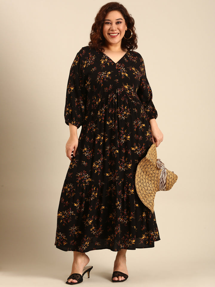 Black Floral Crepe Dress