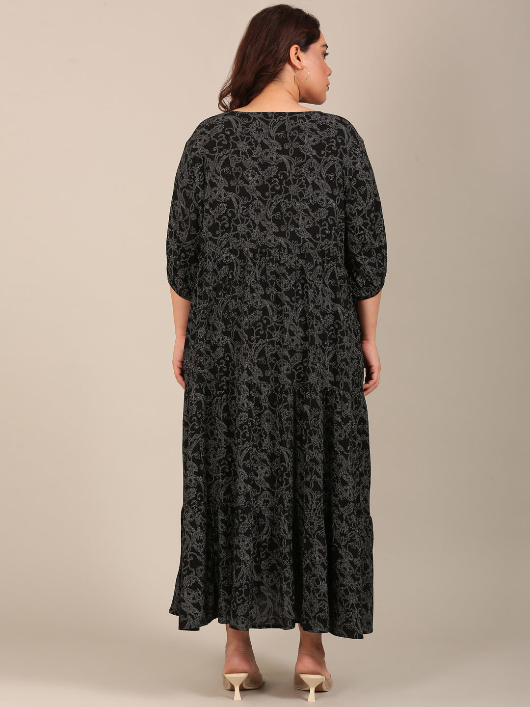 Printed Tiered Maxi Dress with Tie Neck