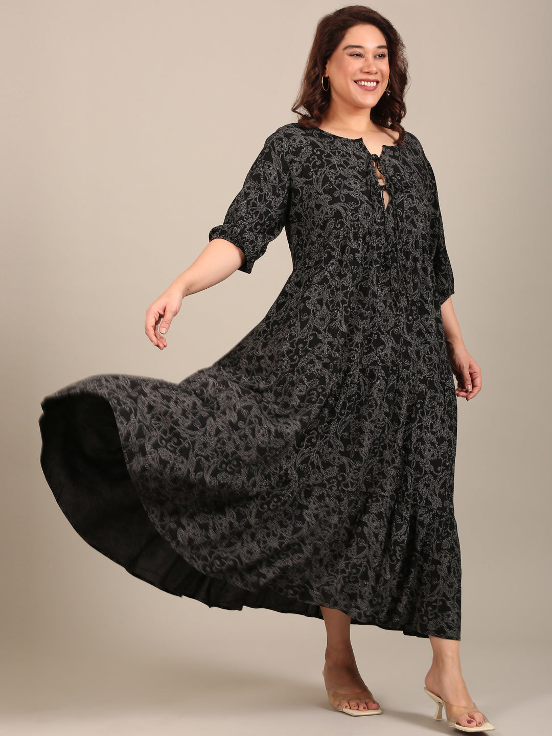 Printed Tiered Maxi Dress with Tie Neck