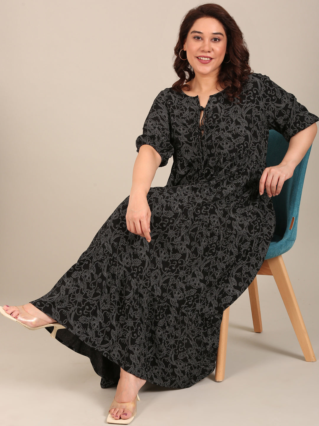 Printed Tiered Maxi Dress with Tie Neck