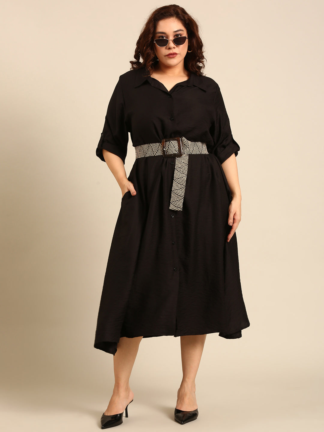Solid Black Maxi Shirt Dress With Belt Combo