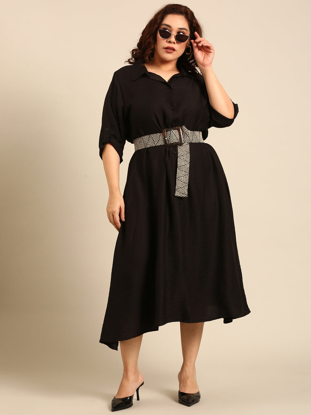 Solid Black Maxi Shirt Dress With Belt Combo