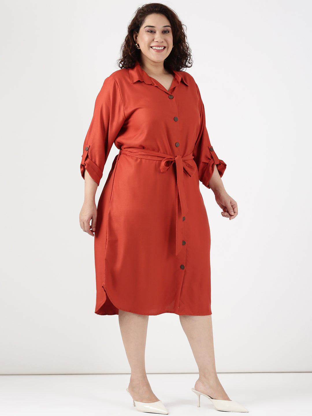 Rust Tie-up Shirt Dress
